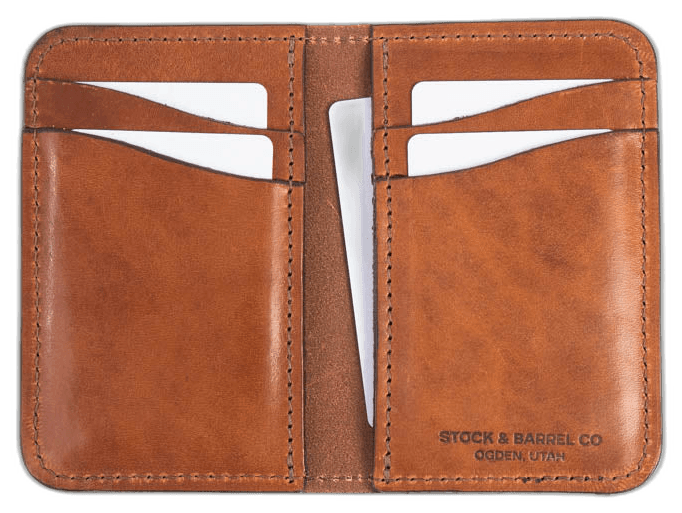 The No.52 wallet open: four card pockets and a center sleeve, saddle-stitched
